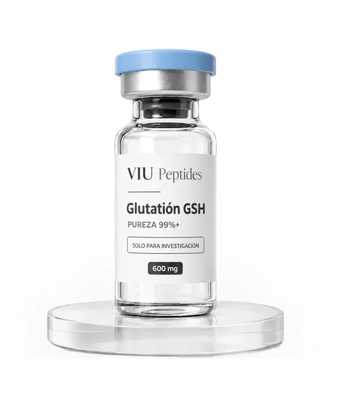 Vial VIU Peptides Glutatión GSH 600 mg, tapa azul y etiqueta de pureza 99%+