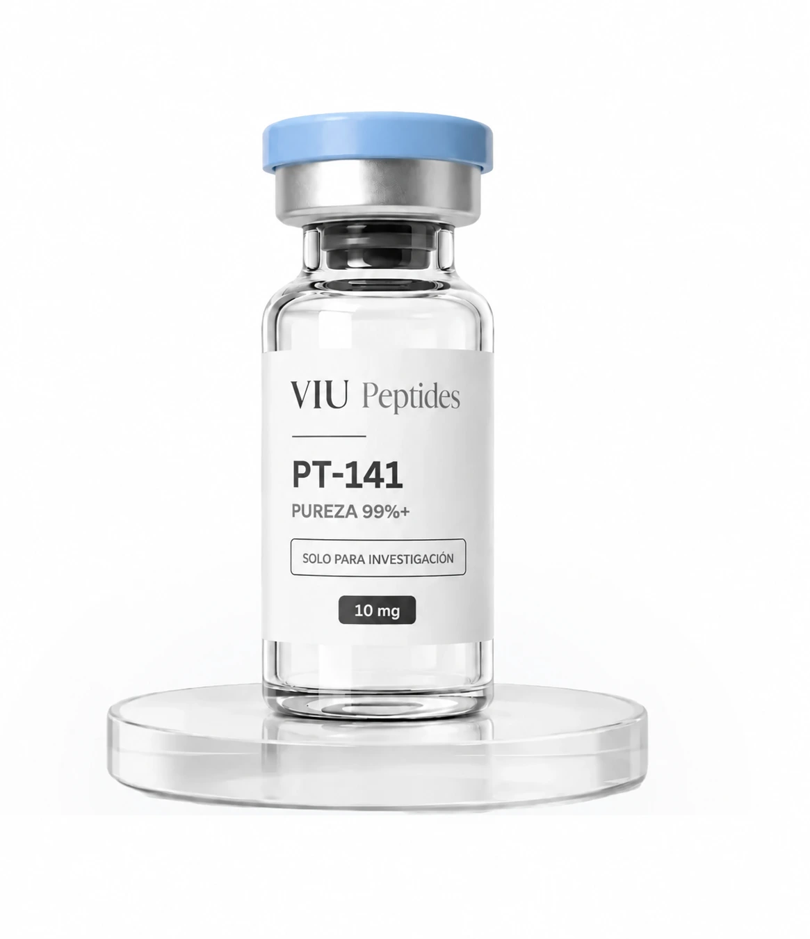 Vial VIU Peptides PT-141 10 mg, tapa azul y etiqueta de pureza 99%+